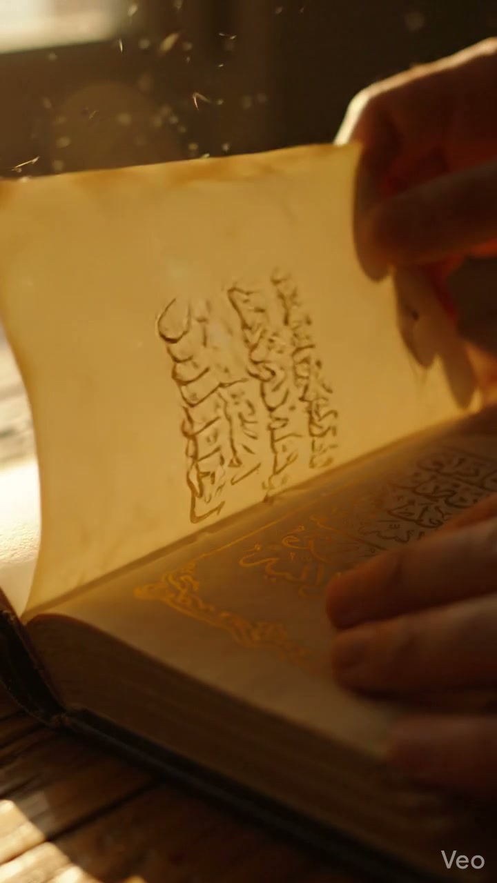Hands turning the pages of an open Quran with gold Arabic calligraphy
