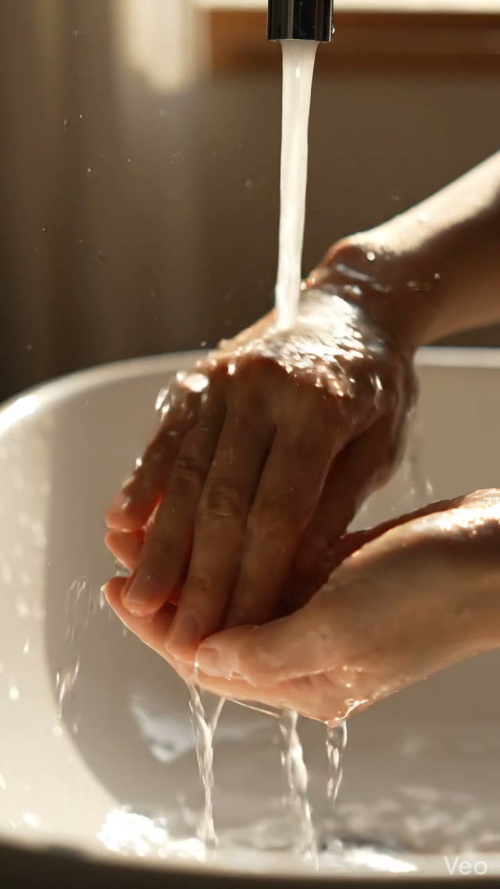 Hands washing under a stream of water in slow motion