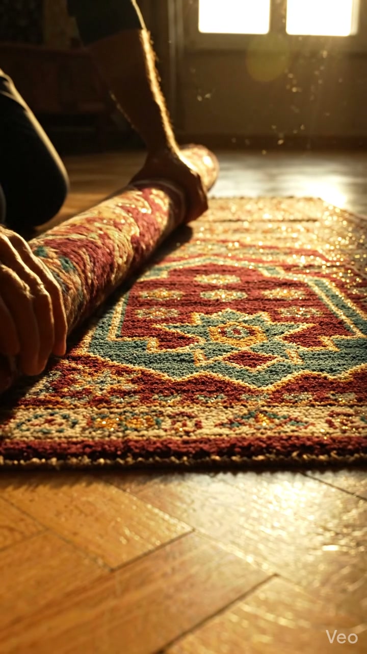 A geometric prayer rug being unrolled across a wooden floor in golden hour