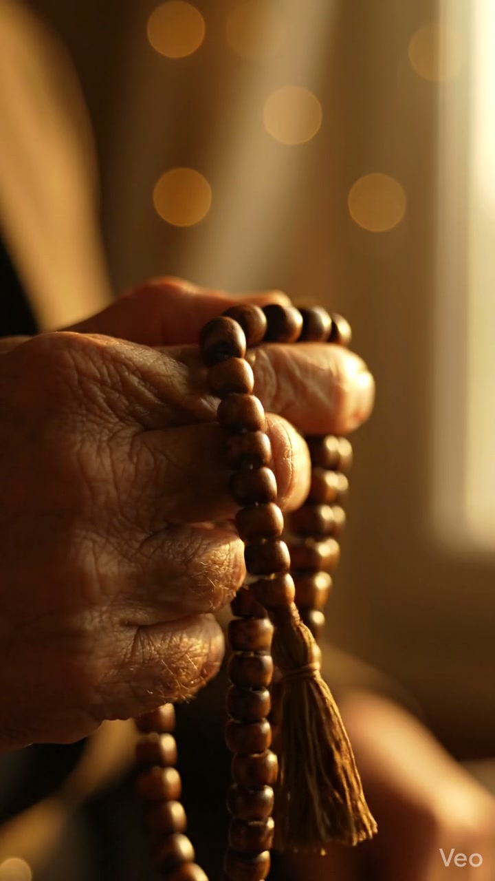A hand counting dark wooden prayer beads against a warm golden bokeh